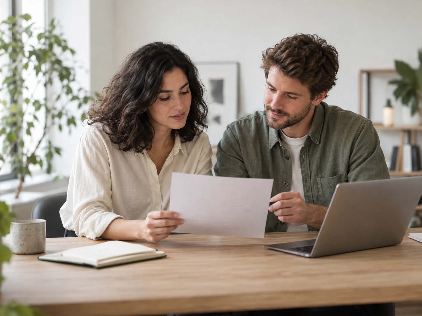 Two colleagues reviewing a document together at their desk