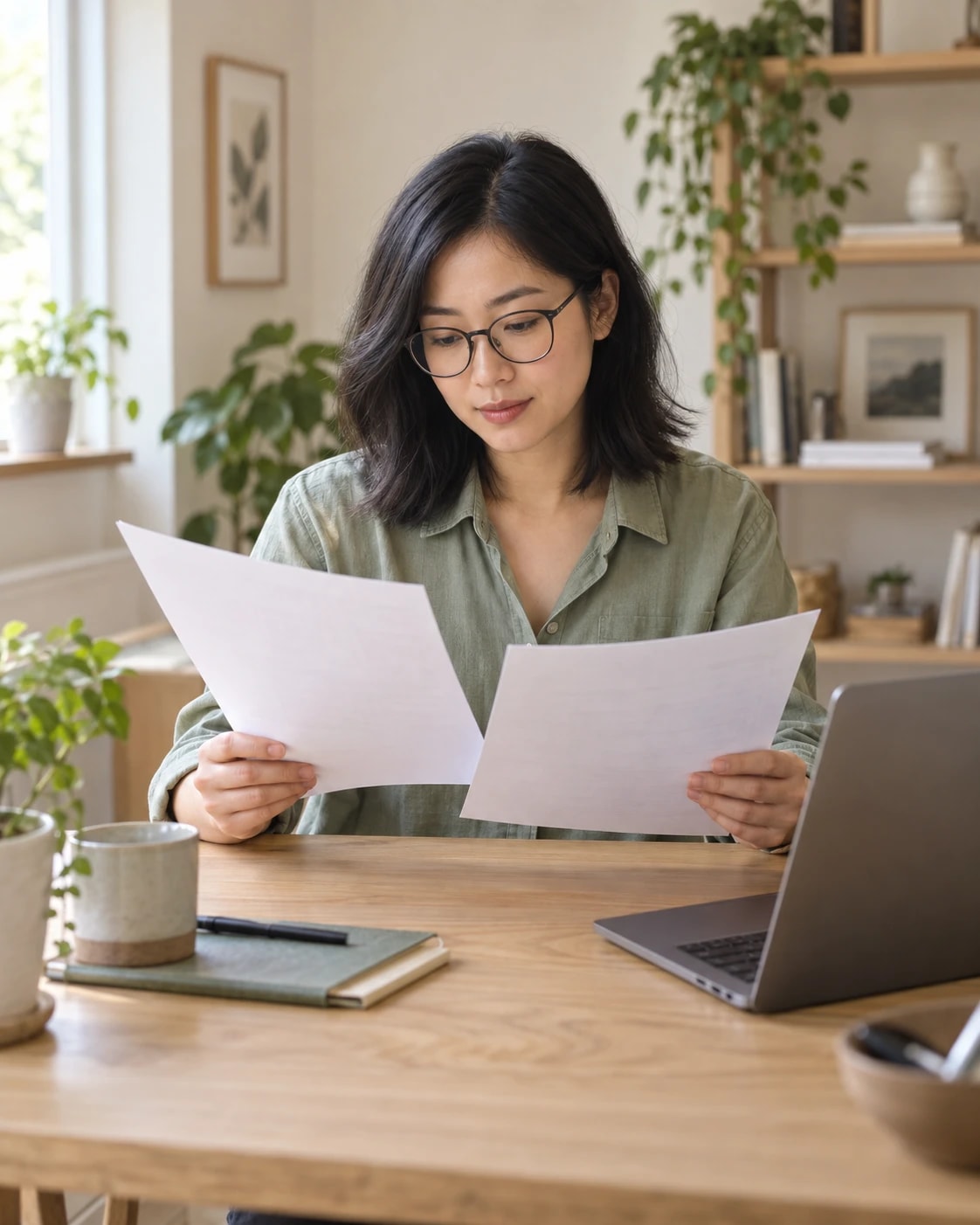 A professional reviewing printed documents beside her laptop